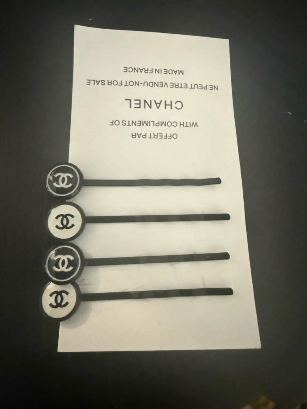 New CHANEL Black and White Logo Bobby Pins - Set of 4